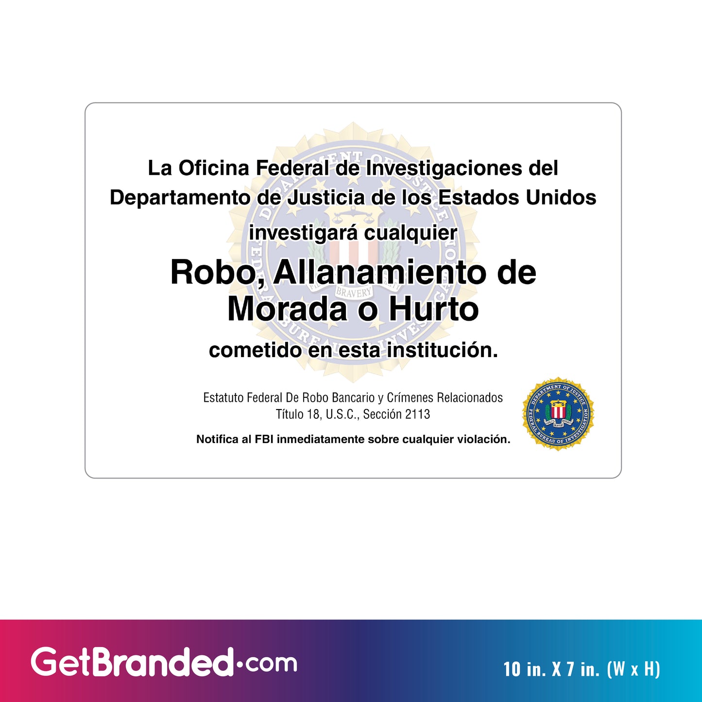 FBI Robbery Warning Decal