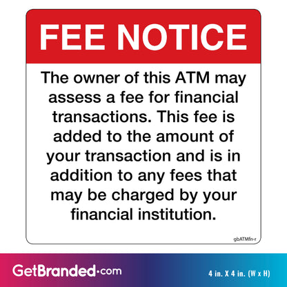 Fee Notice Decal, Red and White size guide.