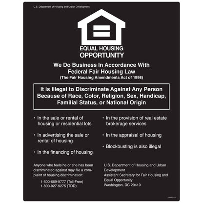 Fair Housing / Equal Housing Lender Decal. 11 inches by 14 inches in size.