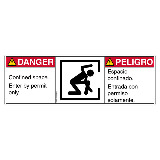 Danger Confined Space Enter By Permit Only Decal in English and Spanish.