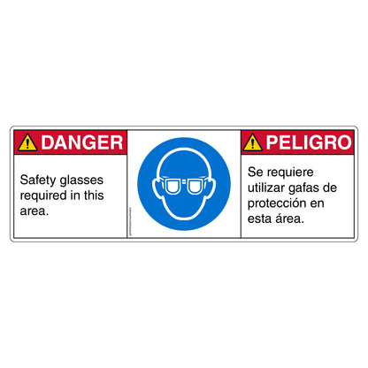 Danger Safety Glasses Required in This Area Decal in English and Spanish. 