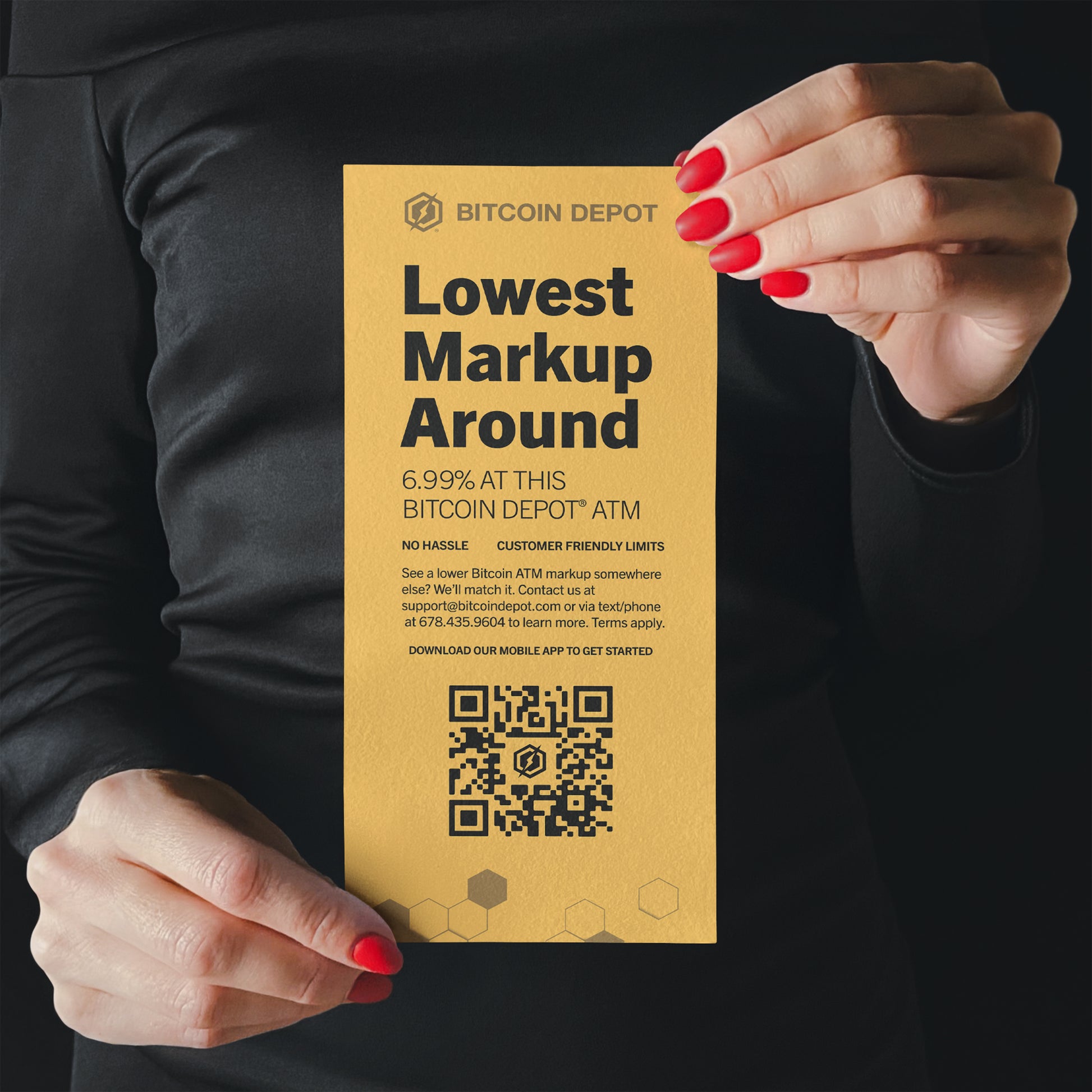 yellow rack card with bitcoin logo and qr code