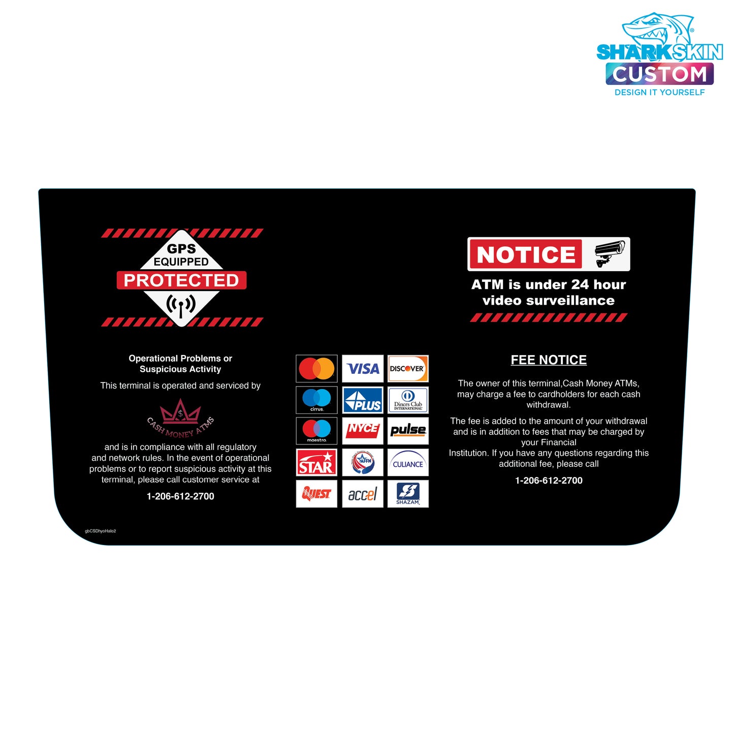 Black ATM cover with security and branding information 