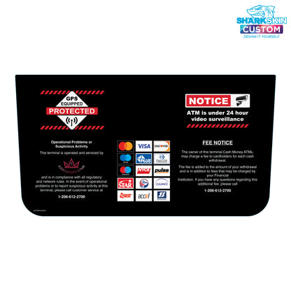 Black ATM cover with security and branding information 