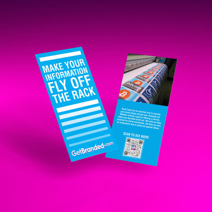 blue double sided rack card with pink background