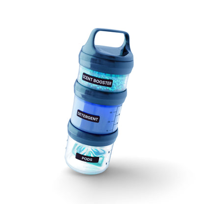 Laundry Lab bottle, with labeled canisters for for Scent Booster beads, liquid detergent, and laundry pods. The containers twist-lock together, with a locking carrying handle at the top of the stack.