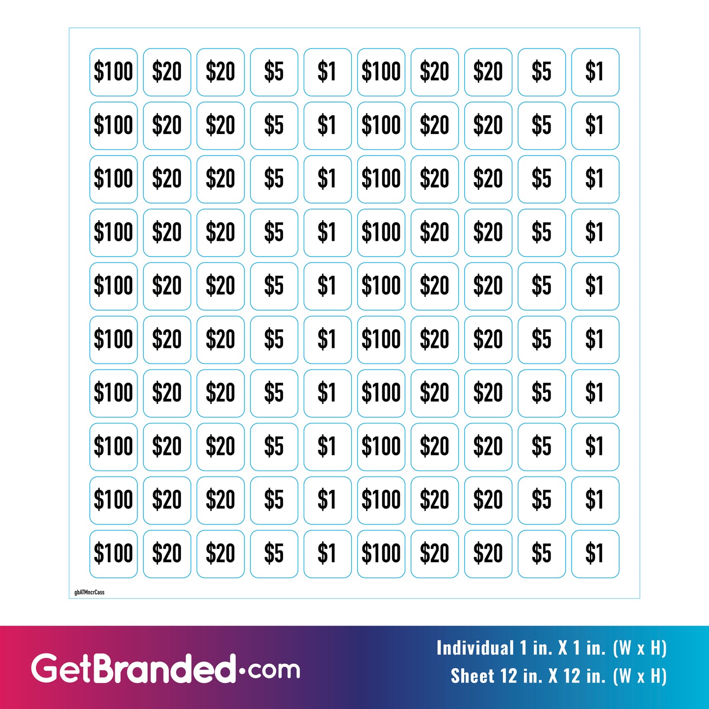 Sheet of adhesive labels with various denominations of money printed on them.