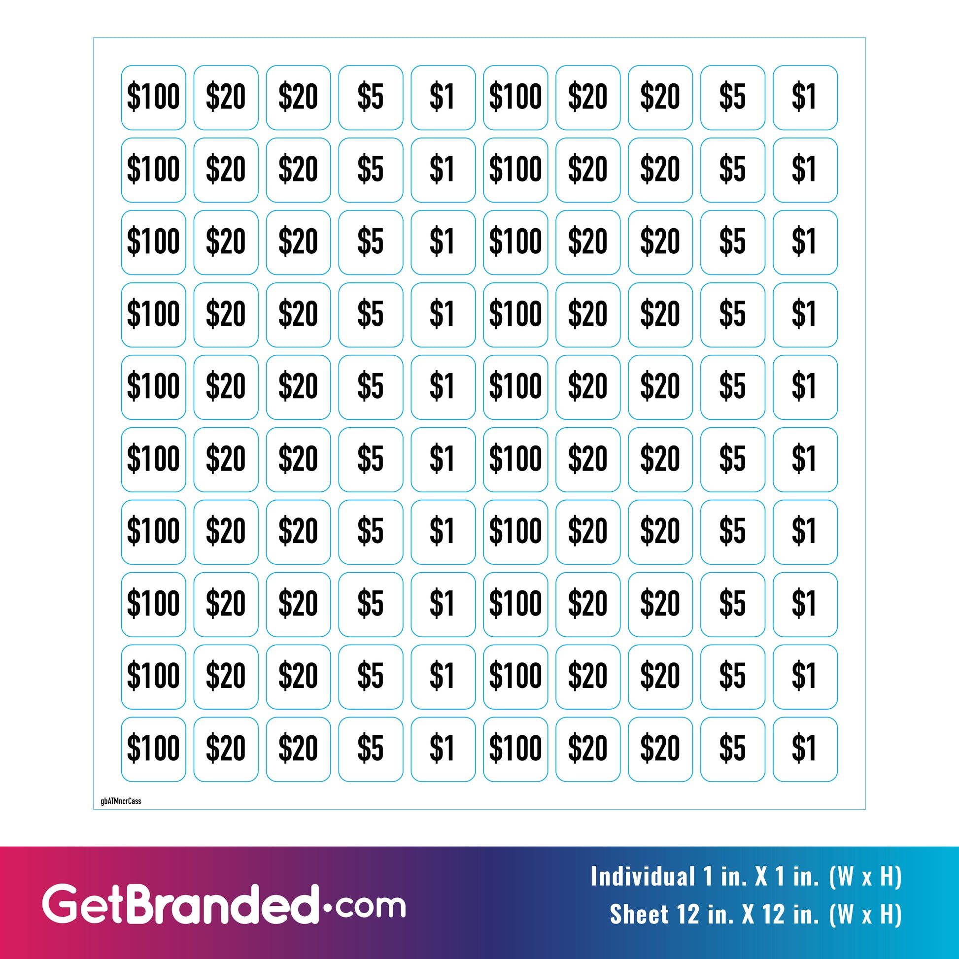 Sheet of adhesive labels with various denominations of money printed on them.