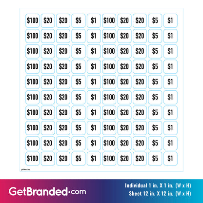 Sheet of adhesive labels with various denominations of money printed on them.