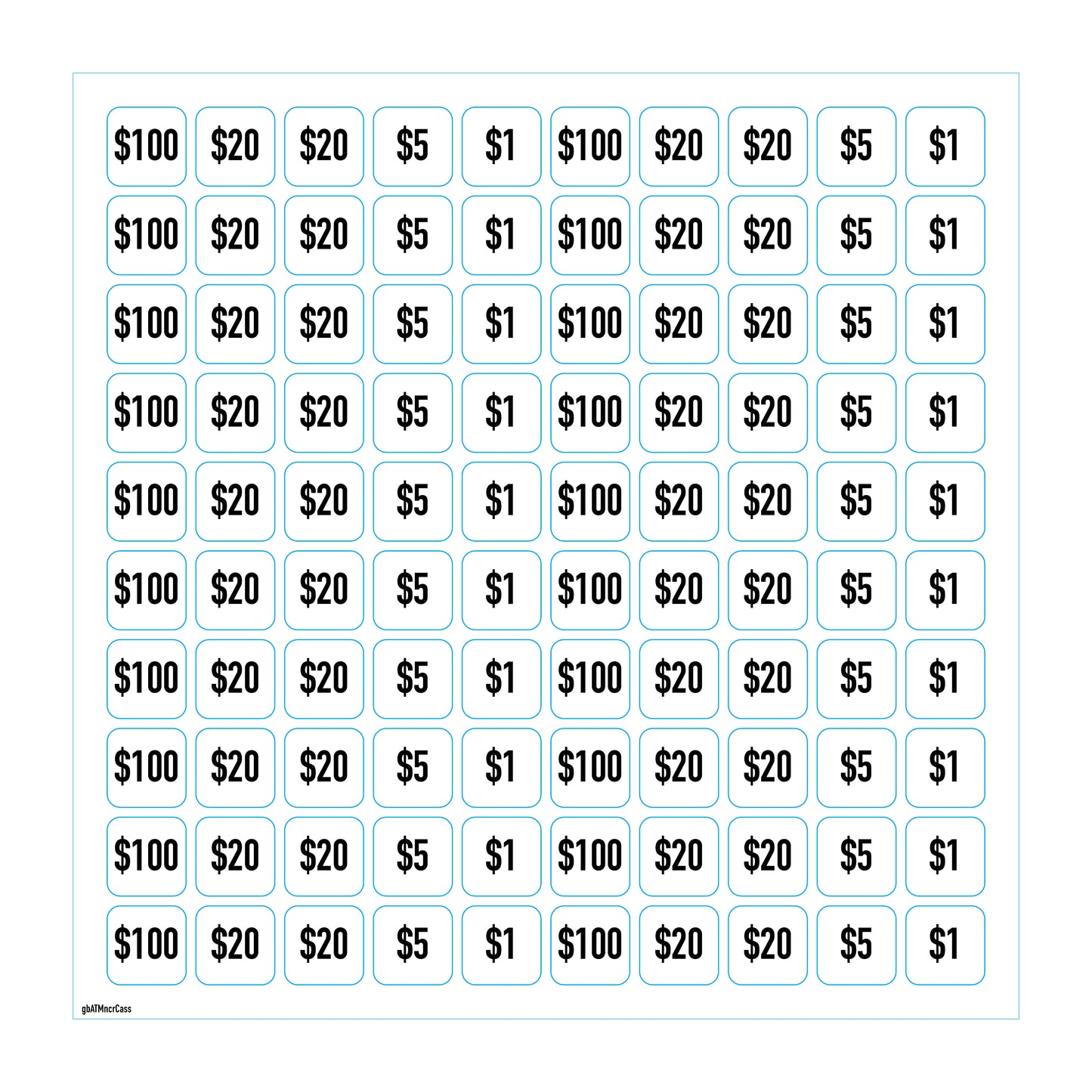 Cassette denomination decals for NCR ATM cassettes. Denominations of $100, $20, $5, and $1 on a 12"x12" sheet.