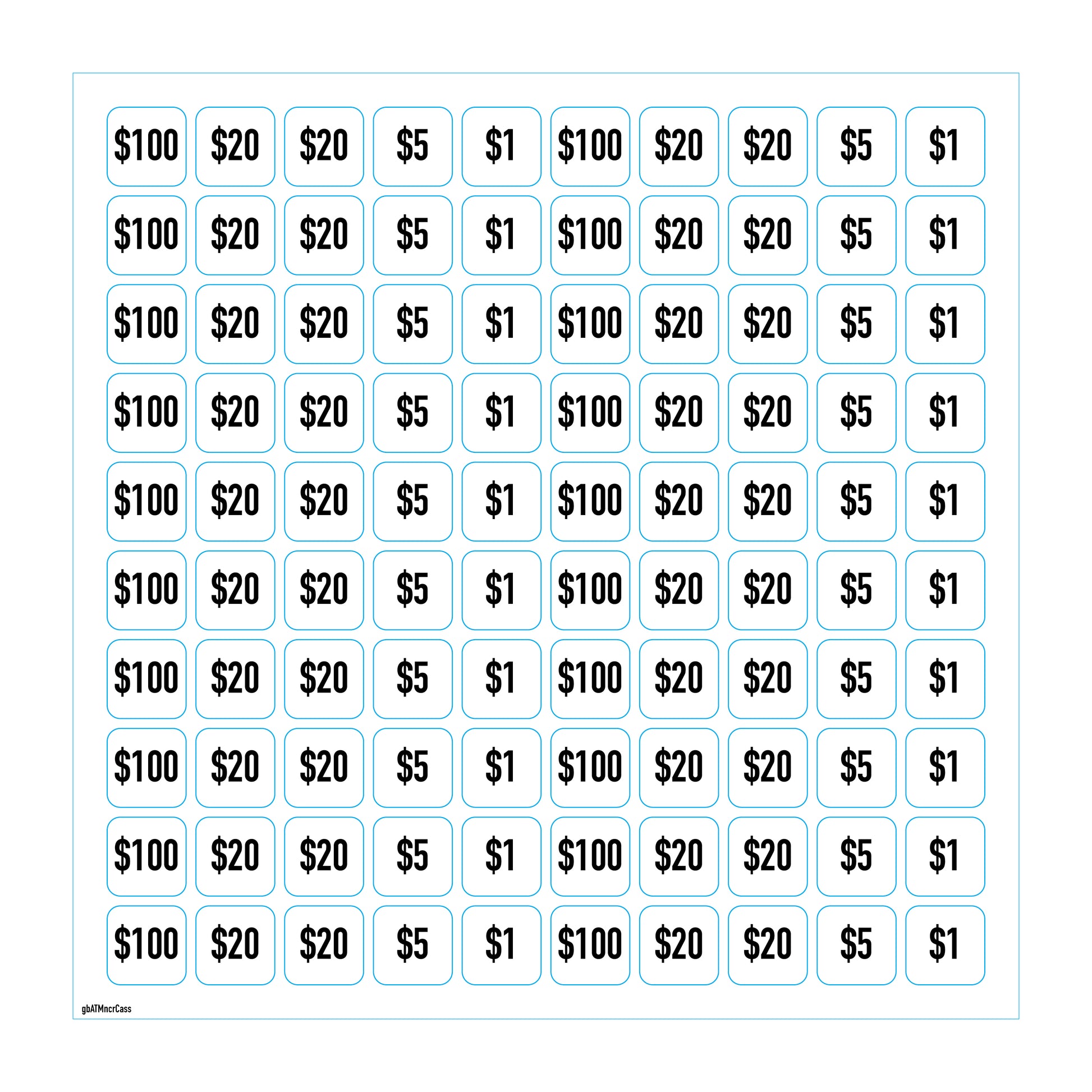 Cassette denomination decals for NCR ATM cassettes. Denominations of $100, $20, $5, and $1 on a 12"x12" sheet.