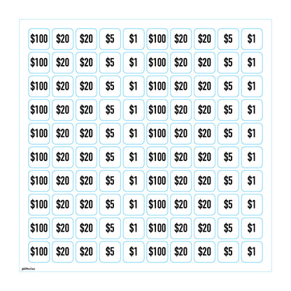 Cassette denomination decals for NCR ATM cassettes. Denominations of $100, $20, $5, and $1 on a 12"x12" sheet.
