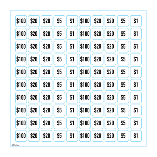 Cassette denomination decals for NCR ATM cassettes. Denominations of $100, $20, $5, and $1 on a 12"x12" sheet.