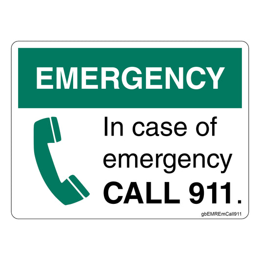 In Case of Emergency Call 911 Decal. 4 inches by 3 inches in size. Readable from 6 feet.