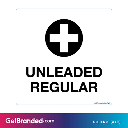 Unleaded regular fuel sign with a black cross on a white background with measurements shown.