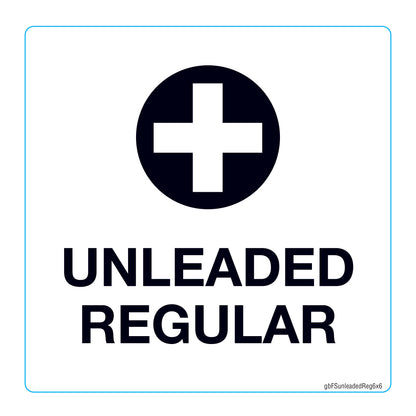 Unleaded regular fuel sign with a black cross on a white background 