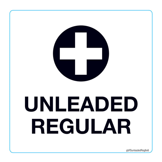 Unleaded regular fuel sign with a black cross on a white background 