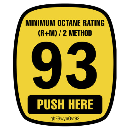 Wayne Ovation 93 Octane Rating Decal for gas pumps, made of durable SharkSkin® with UV-stable ink, designed for long-lasting visibility and easy installation.