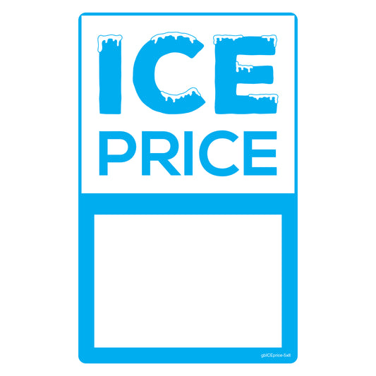 Ice Price Advertising Decal in vertical orientation, customizable price display, made from durable SharkSkin® material with UV-resistant ink, 5x8 inches. Ideal for convenience stores and ice-selling businesses.