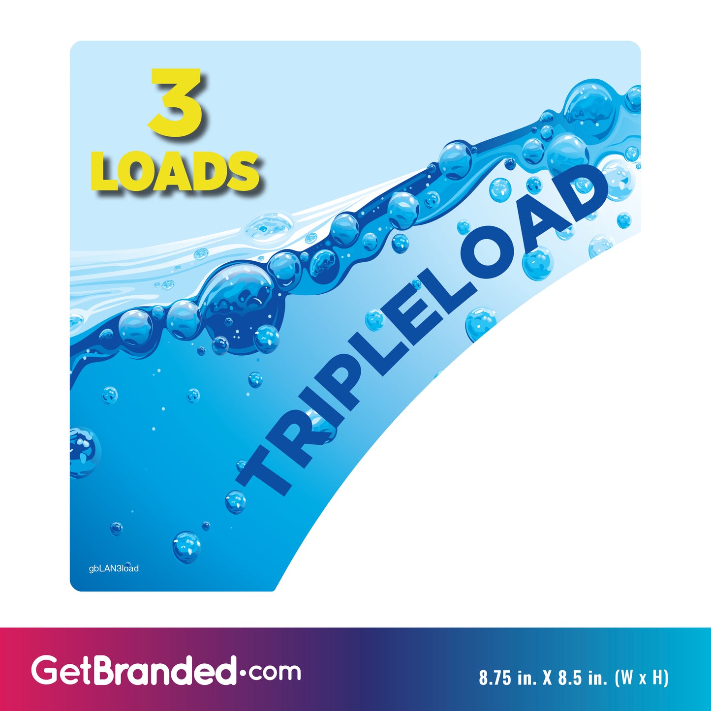 Decal for placement on washing machines at Laundromat displaying Tripleload - 3 Loads in size. Measurement details.