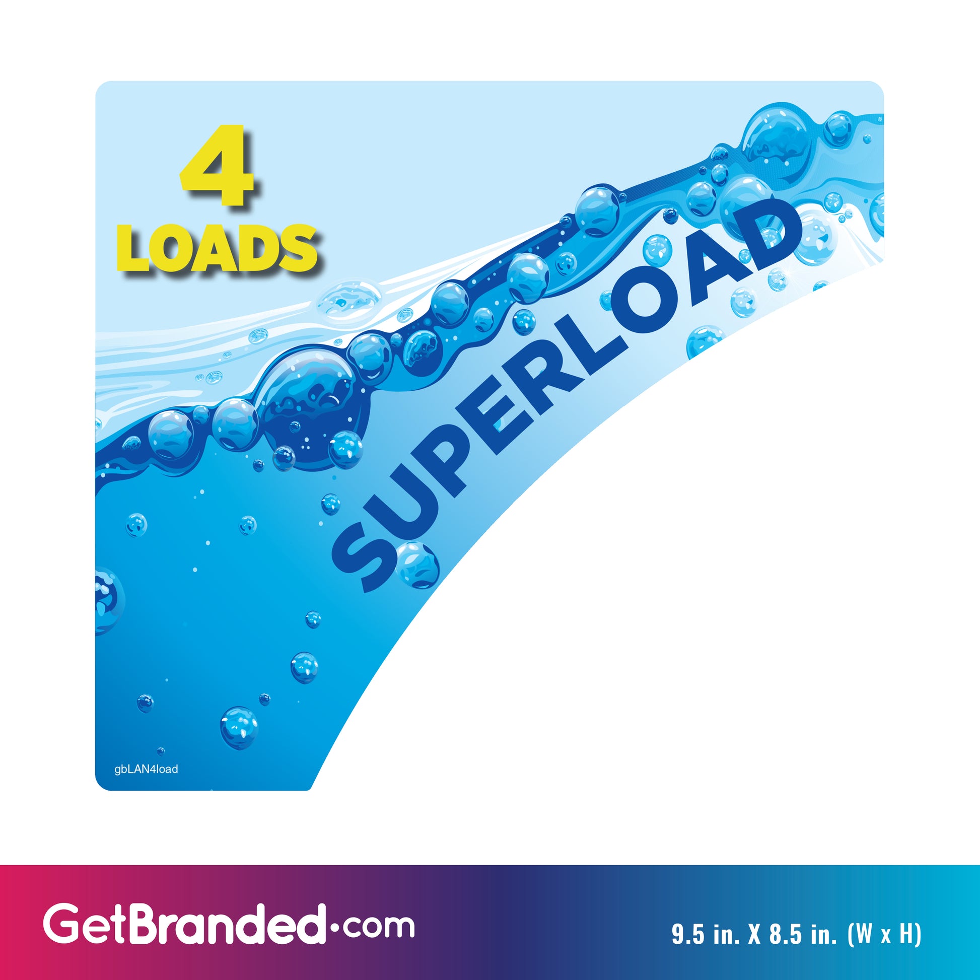 Decal for placement on washing machines at Laundromat displaying Superload - 4 Loads in size. Measurement details.