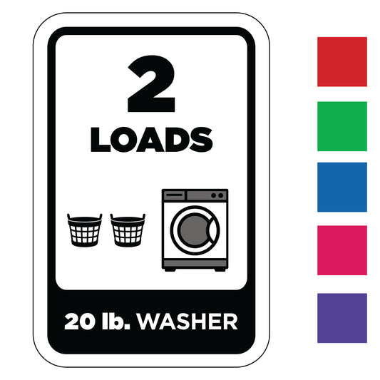 Decal indicating 2 loads for a 20 lb. washer with color swatches on a white background