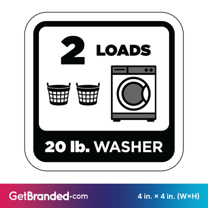Decal of a 20 lb. washer with icons for 2 loads and two baskets in black, on a white background.
