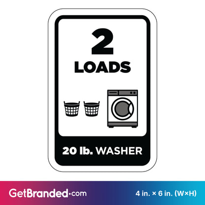 Washing machine load indicator sign with '2 LOADS' and '20 lb. WASHER' text, featuring a washing machine and laundry basket icon in black on a white background.