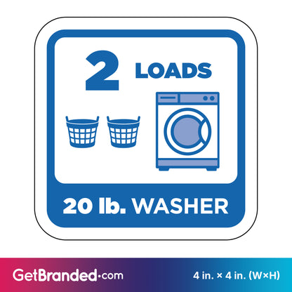 Decal of a 20 lb. washer with icons for 2 loads and two baskets in blue, on a white background.