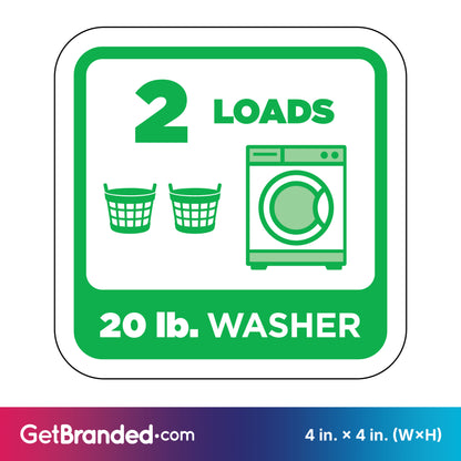Decal of a 20 lb. washer with icons for 2 loads and two baskets in green, on a white background.