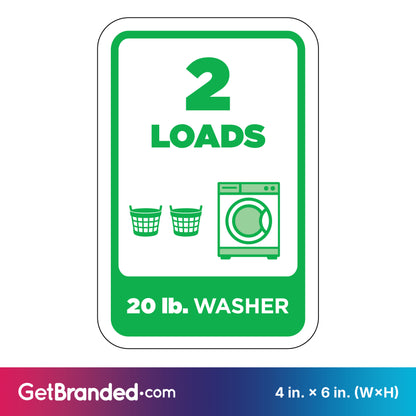 Washing machine load indicator sign with '2 LOADS' and '20 lb. WASHER' text, featuring a washing machine and laundry basket icon in green on a white background.