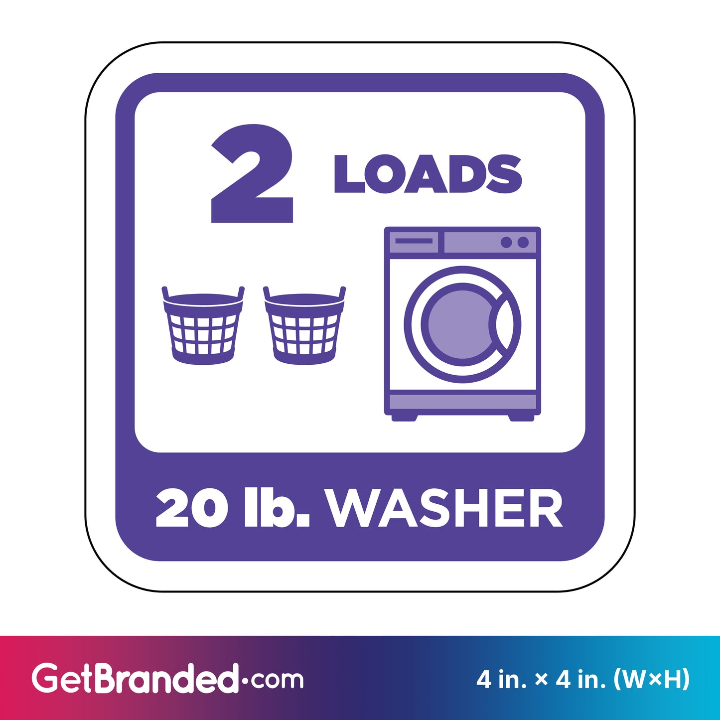 Decal of a 20 lb. washer with icons for 2 loads and two baskets in purple, on a white background.
