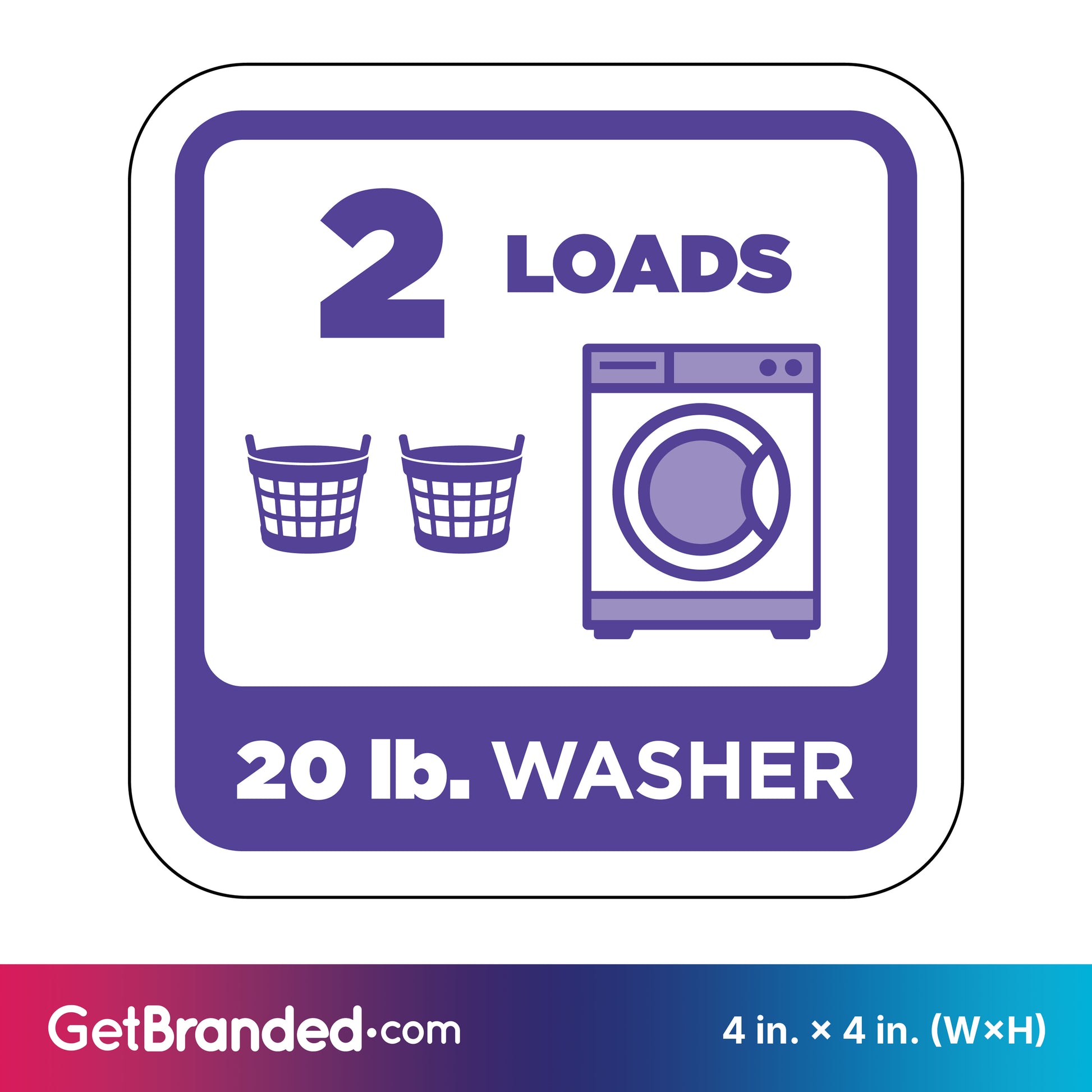 Decal of a 20 lb. washer with icons for 2 loads and two baskets in purple, on a white background.
