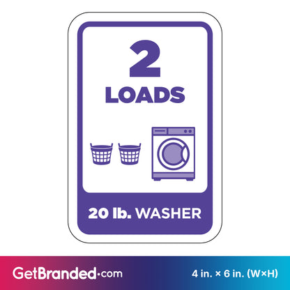Washing machine load indicator sign with '2 LOADS' and '20 lb. WASHER' text, featuring a washing machine and laundry basket icon in purple on a white background.
