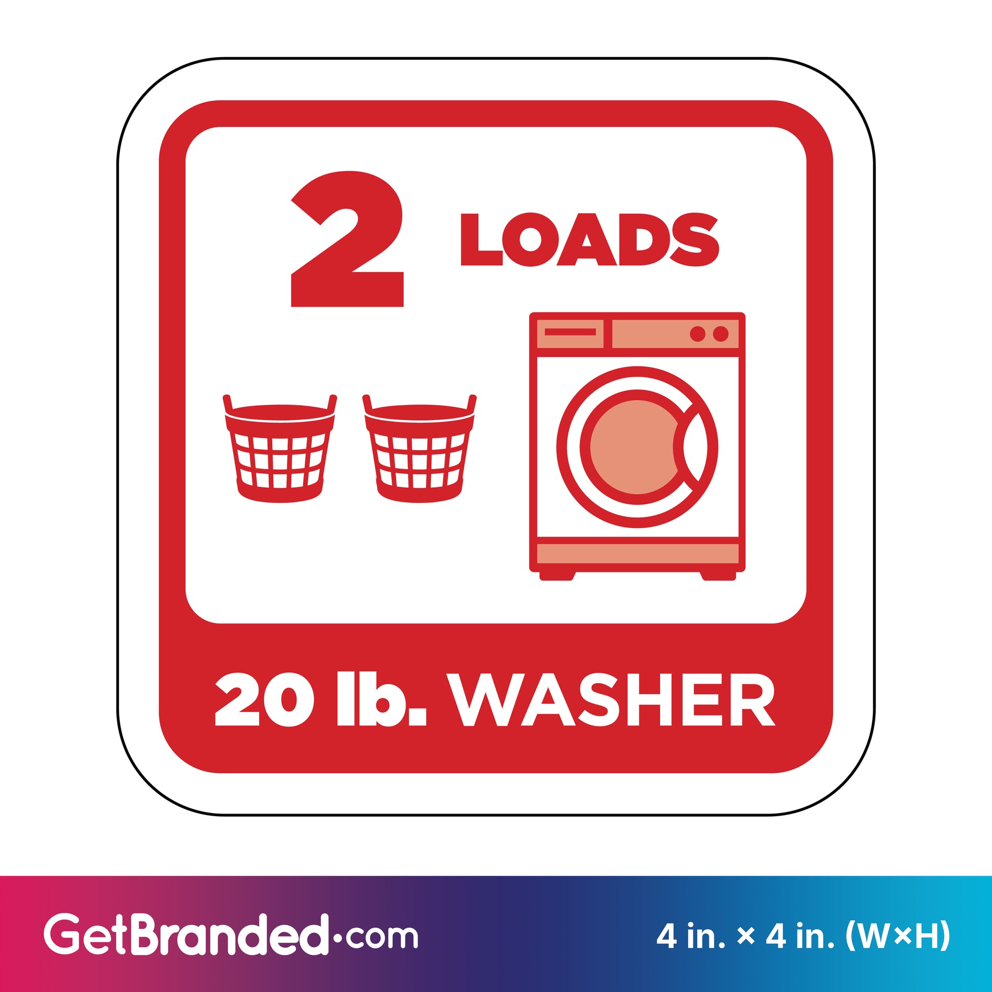 Decal of a 20 lb. washer with icons for 2 loads and two baskets in red, on a white background.