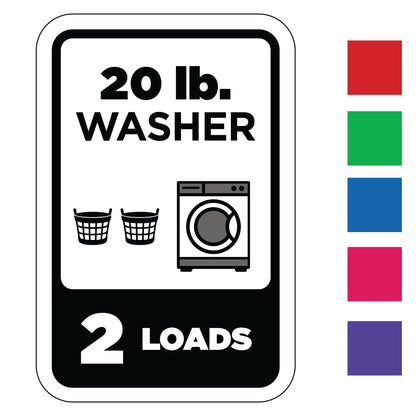 Label indicating a 20 lb. washer capacity with icons for two loads and two baskets, on a white background with color swatches.