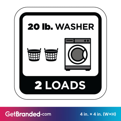 Decal indicating capacity of a 20 lb. washer for two loads, with black graphics and white background.