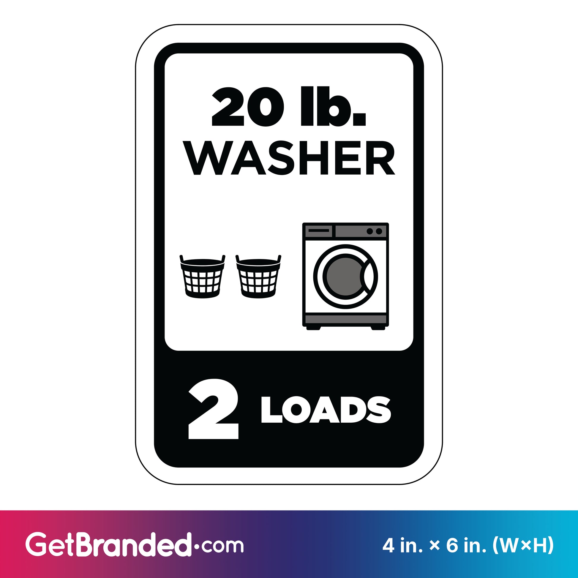 Sign indicating capacity of a 20 lb. washer with black icons and text on a white background.