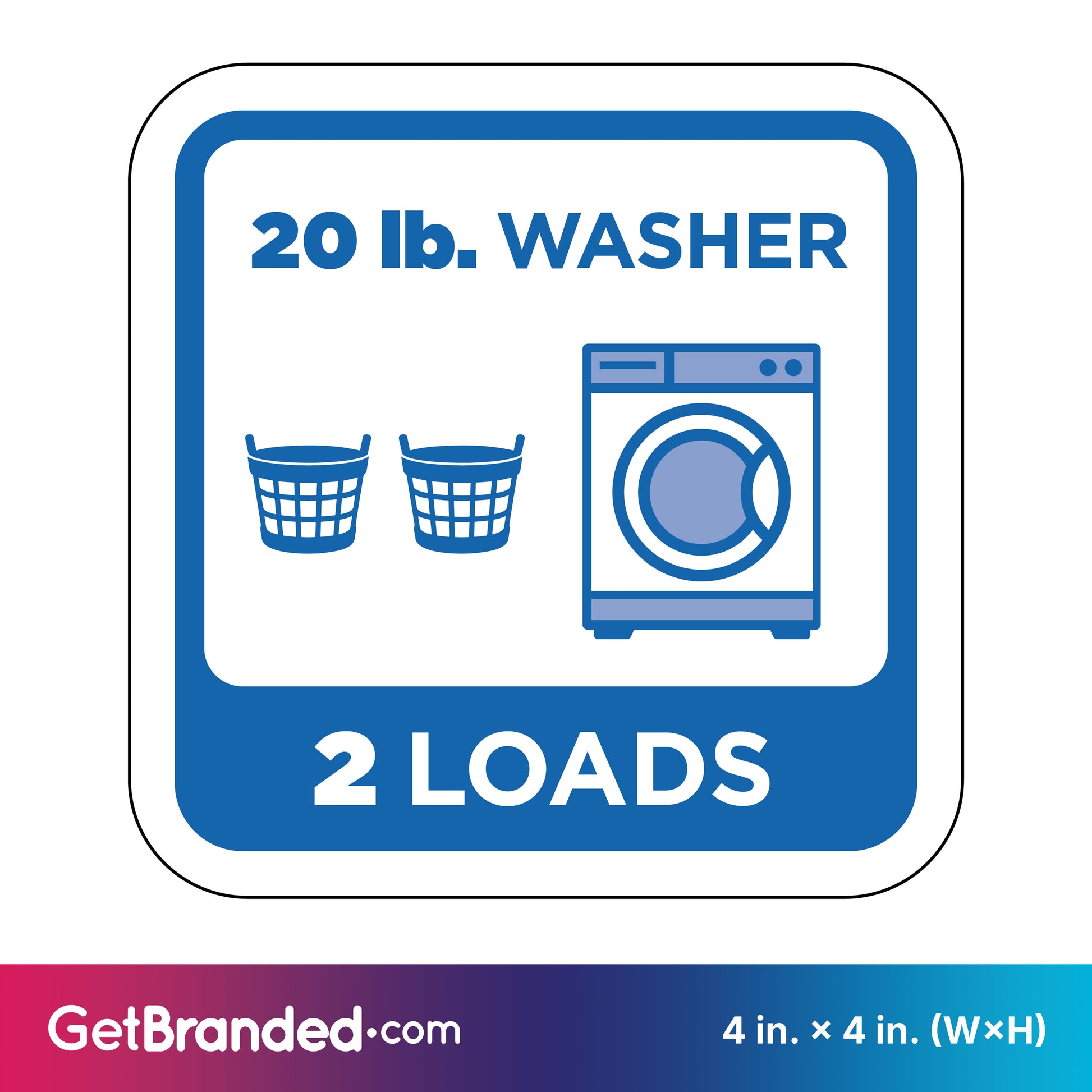 Decal indicating capacity of a 20 lb. washer for two loads, with blue graphics and white background.
