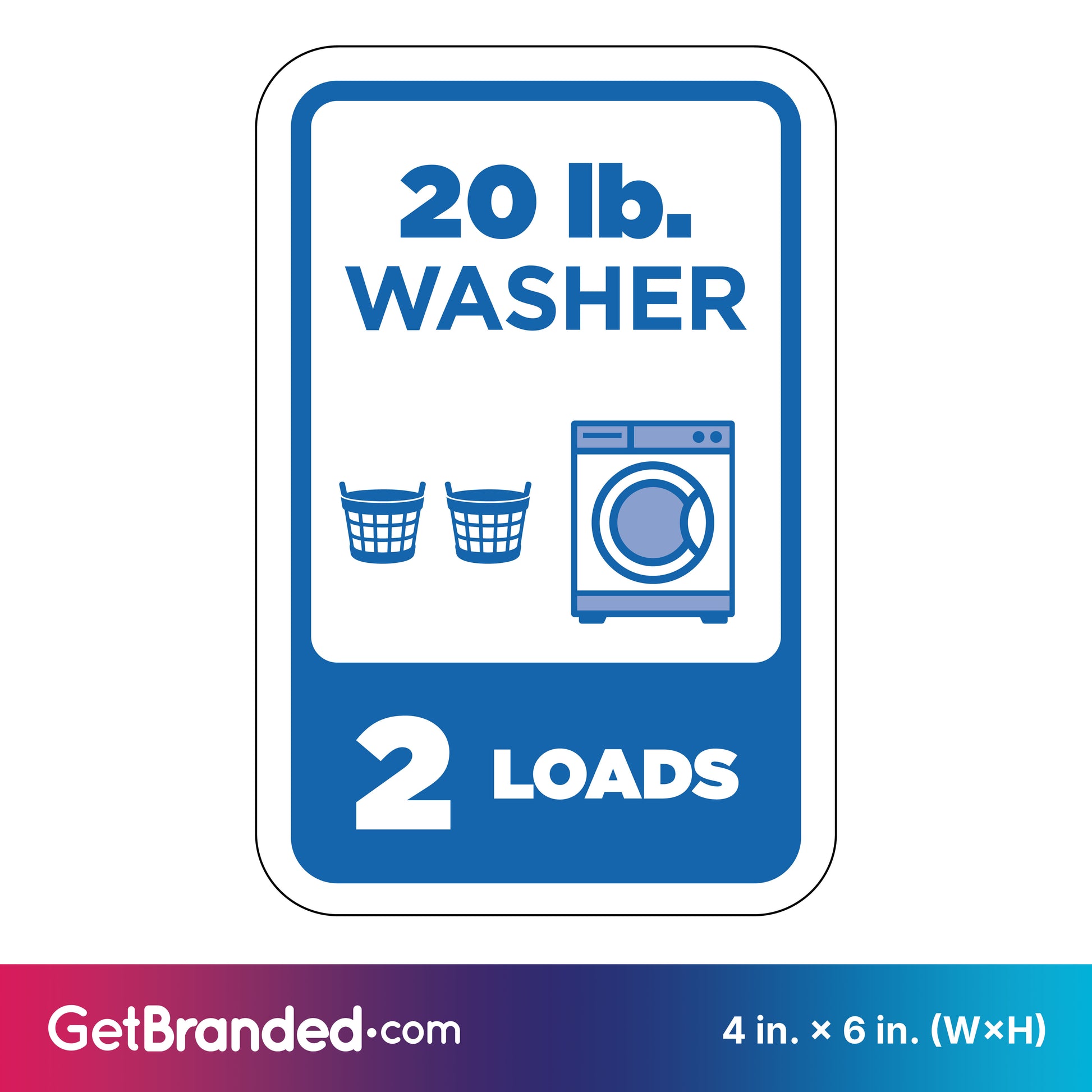 Sign indicating capacity of a 20 lb. washer with blue icons and text on a white background.