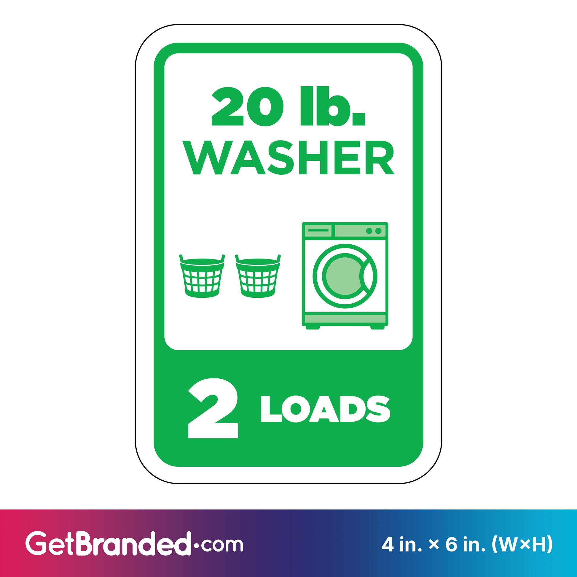 Sign indicating capacity of a 20 lb. washer with green icons and text on a white background.