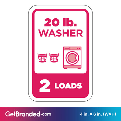 Sign indicating capacity of a 20 lb. washer with magenta icons and text on a white background.