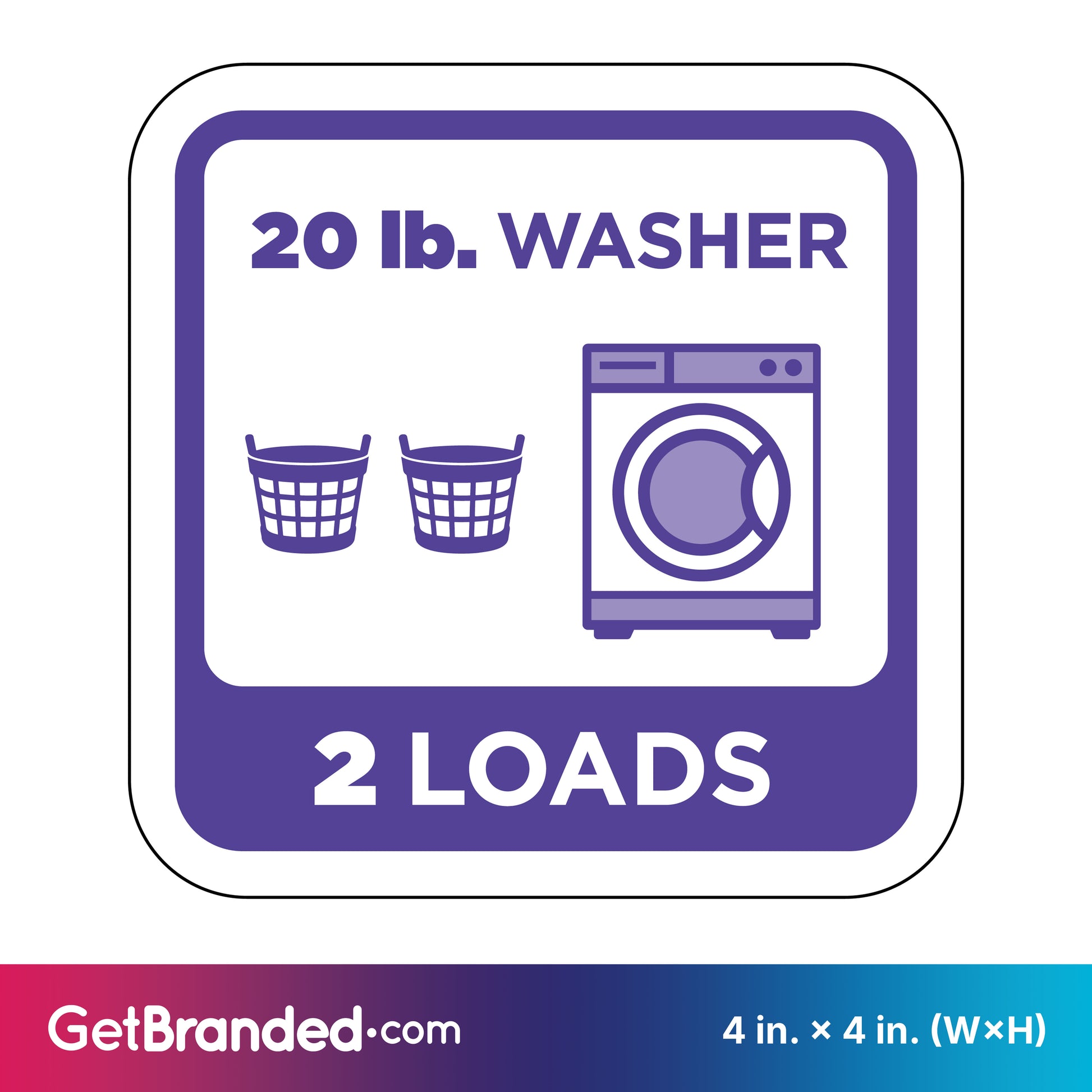 Decal indicating capacity of a 20 lb. washer for two loads, with purple graphics and white background.