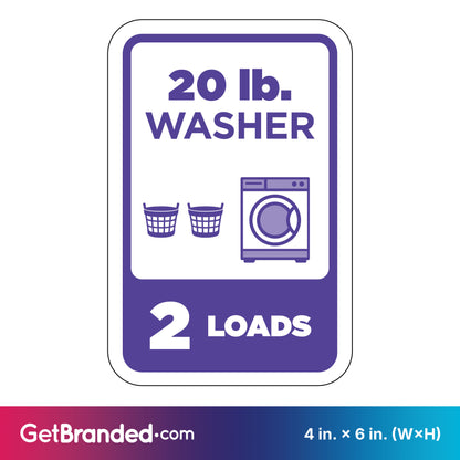 Sign indicating capacity of a 20 lb. washer with purple icons and text on a white background.