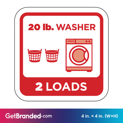 Decal indicating capacity of a 20 lb. washer for two loads, with red graphics and white background.