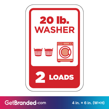 Sign indicating capacity of a 20 lb. washer with red icons and text on a white background.