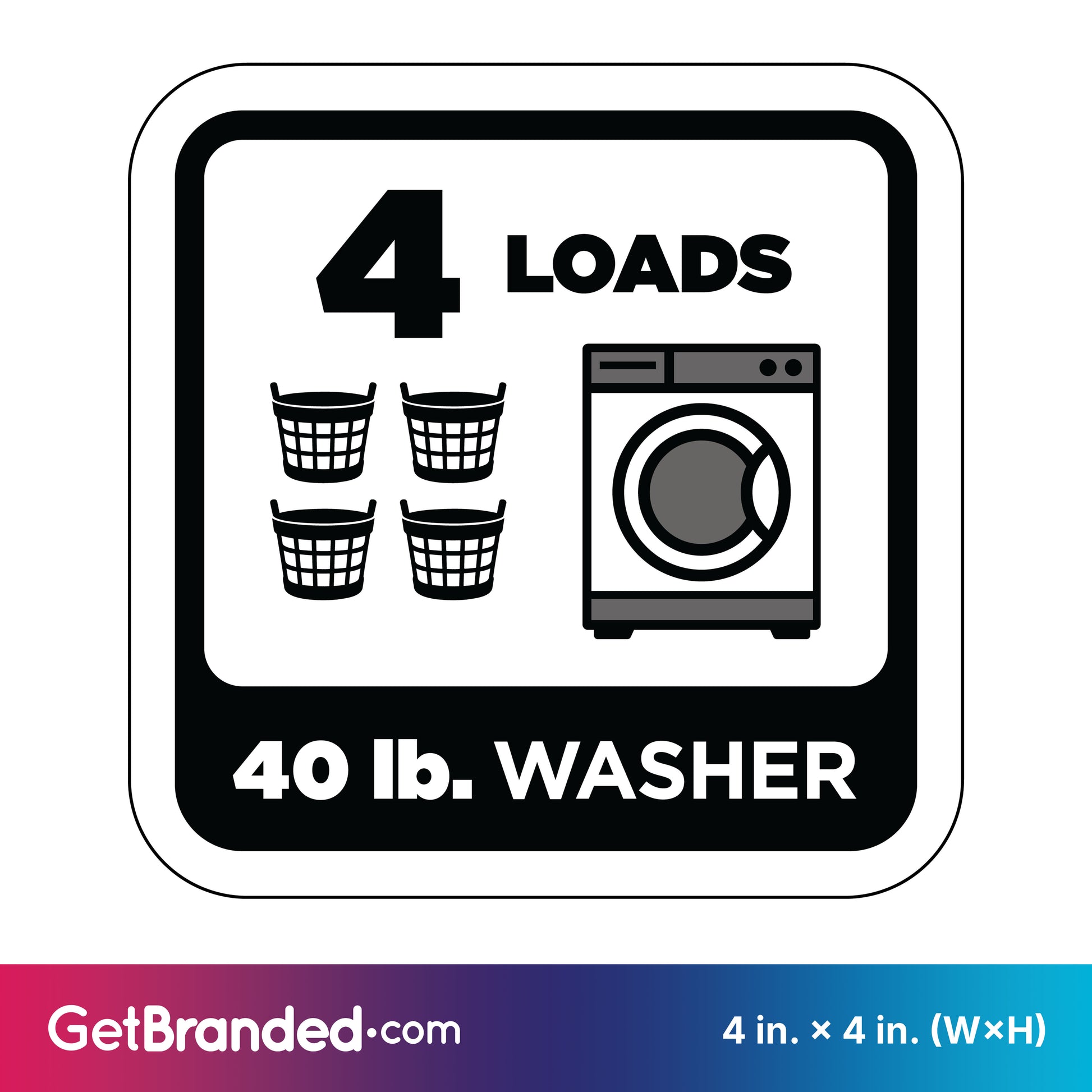 Decal indicating a 40 lb. washer can handle 4 loads with black icons of a washing machine and laundry baskets on a white background