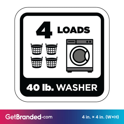 Decal indicating a 40 lb. washer can handle 4 loads with black icons of a washing machine and laundry baskets on a white background