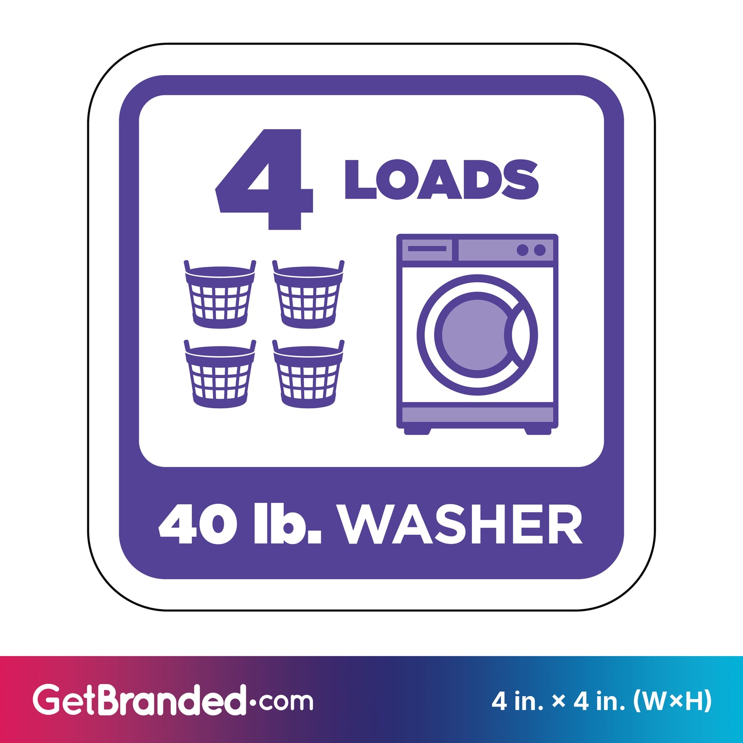 Decal indicating a 40 lb. washer can handle 4 loads with purple icons of a washing machine and laundry baskets on a white background