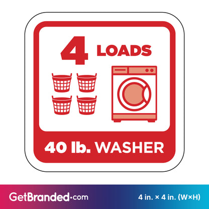Decal indicating a 40 lb. washer can handle 4 loads with red icons of a washing machine and laundry baskets on a white background